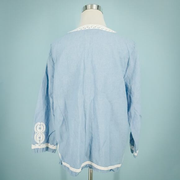 Point Sur Size Large L Chambray Lace Trim Long Sleeve Cotton Linen Tunic Top - Picture 4 of 8